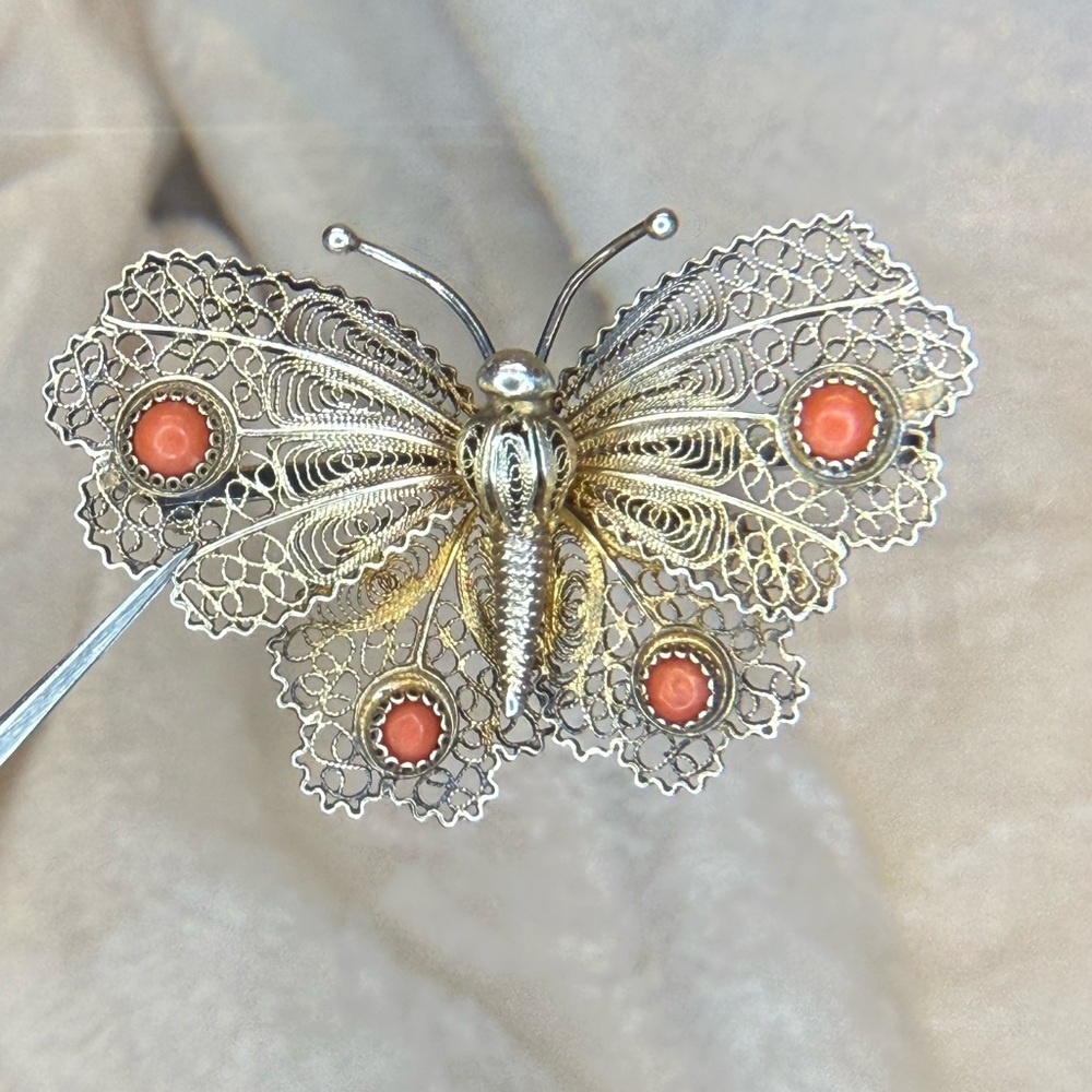 Antique Signed Sterling Silver 800 Filigree Butterfly Coral/Carnelian Brooch EUC - Picture 14 of 16